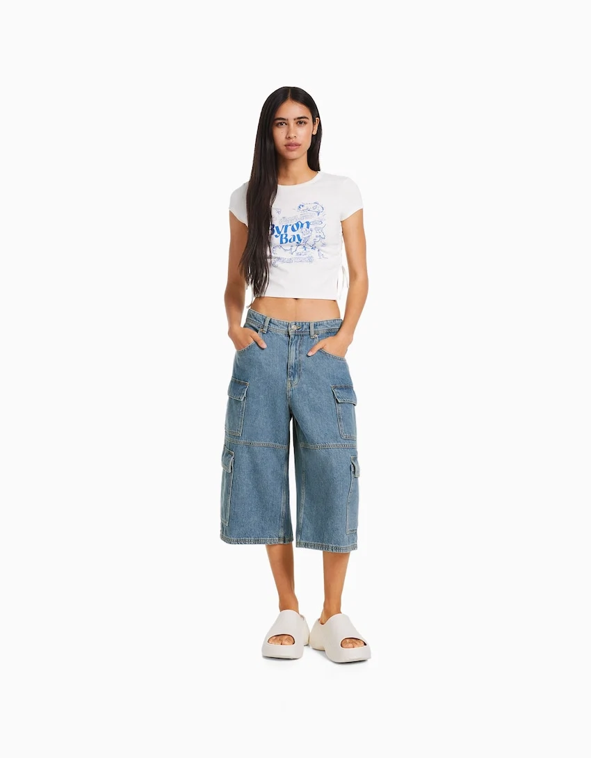 Bershka, Baggy Denim Cargo Bermudas, €45.99