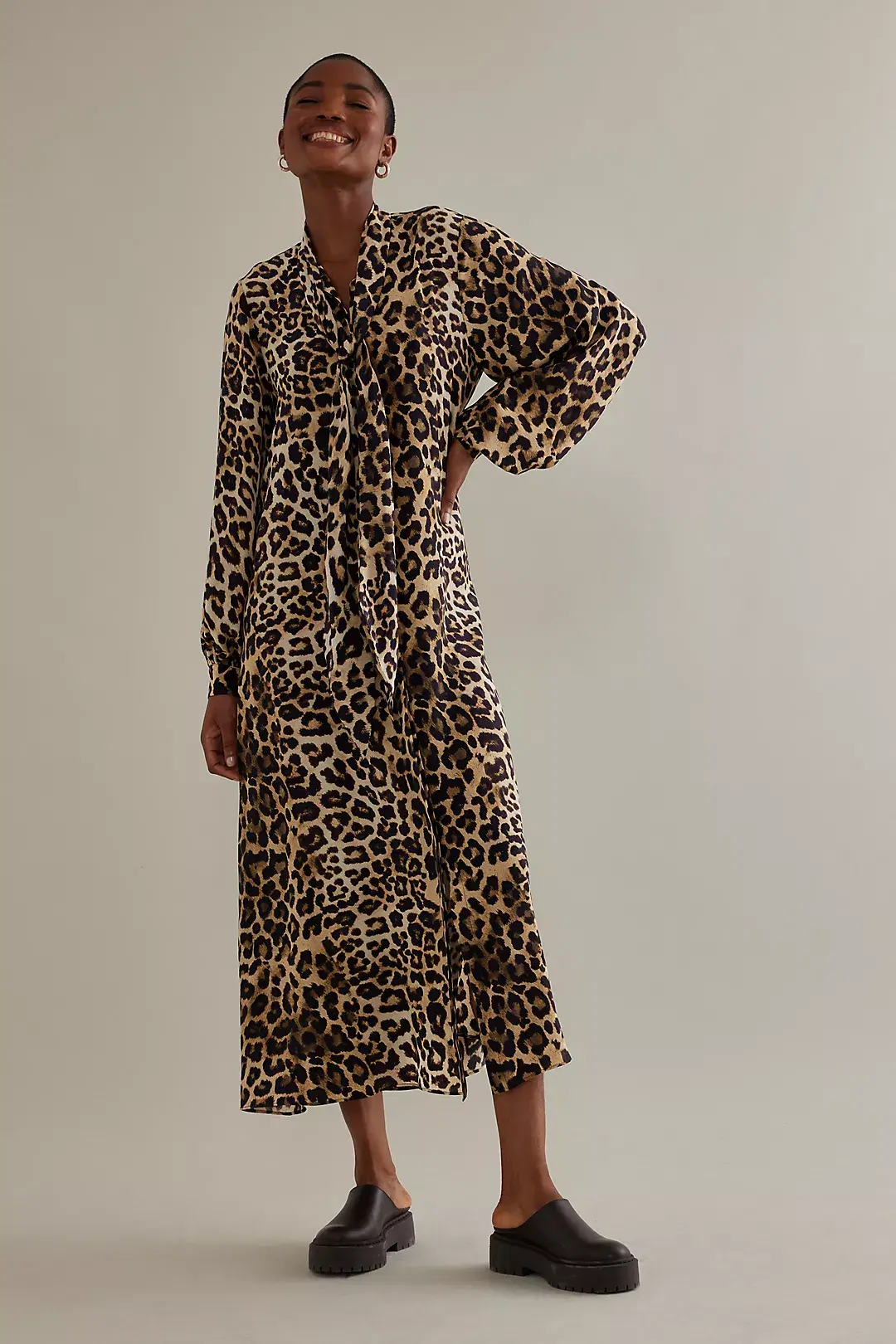 Anthropologie, ALIGNE Jamelia Long-Sleeve Pussybow Leopard Print Midi Dress, €129