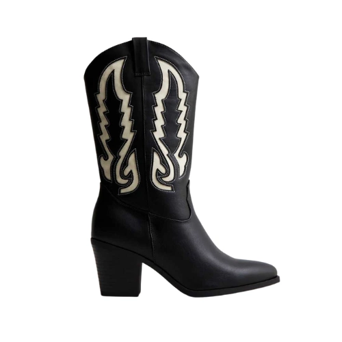 Black Leather-Look Contrast Cowboy Boots, €64.99