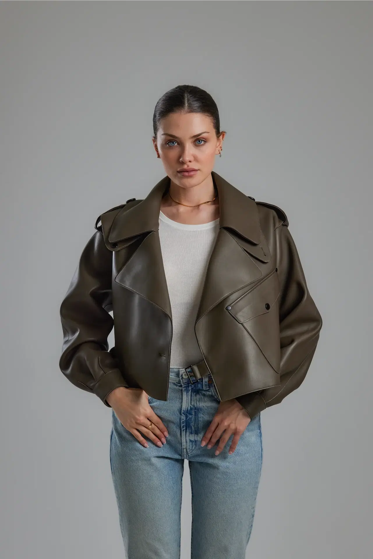 Jane + Tash, Olive Green Oversized Leather Jacket, €460.80