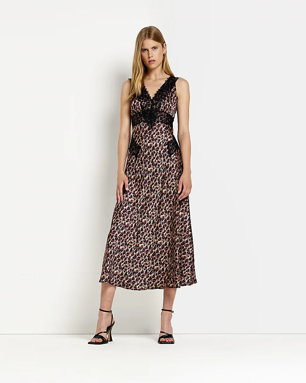 River Island, Brown Satin Animal Print Maxi Dress €63