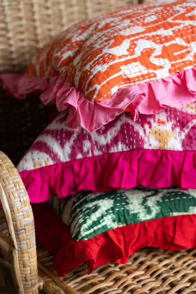 Rockett St George, Orange Ikat & Pink Frill Cotton Cushion, €58
