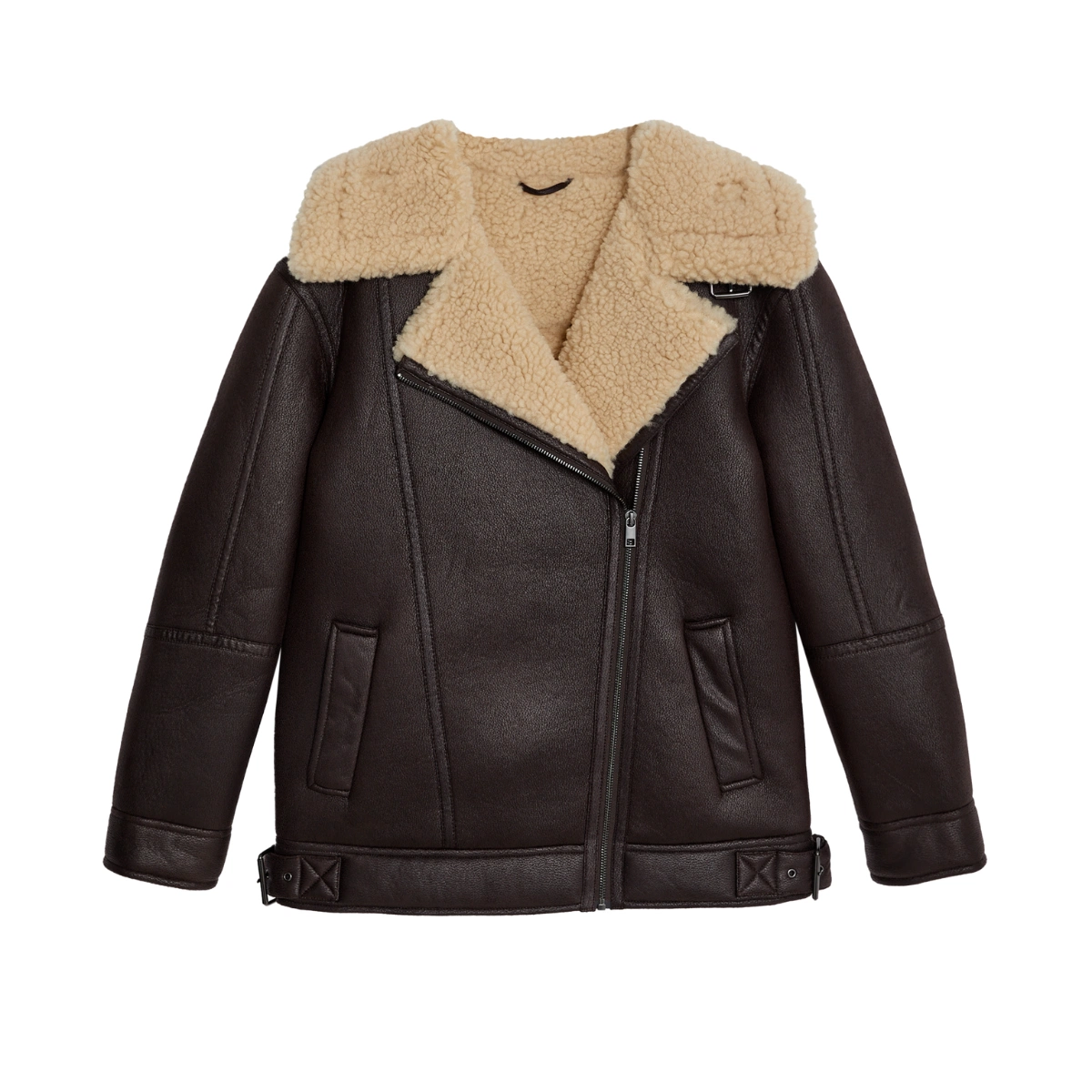 Faux Shearling Borg Lined Aviator Jacket in Bitter Chocolate, €110