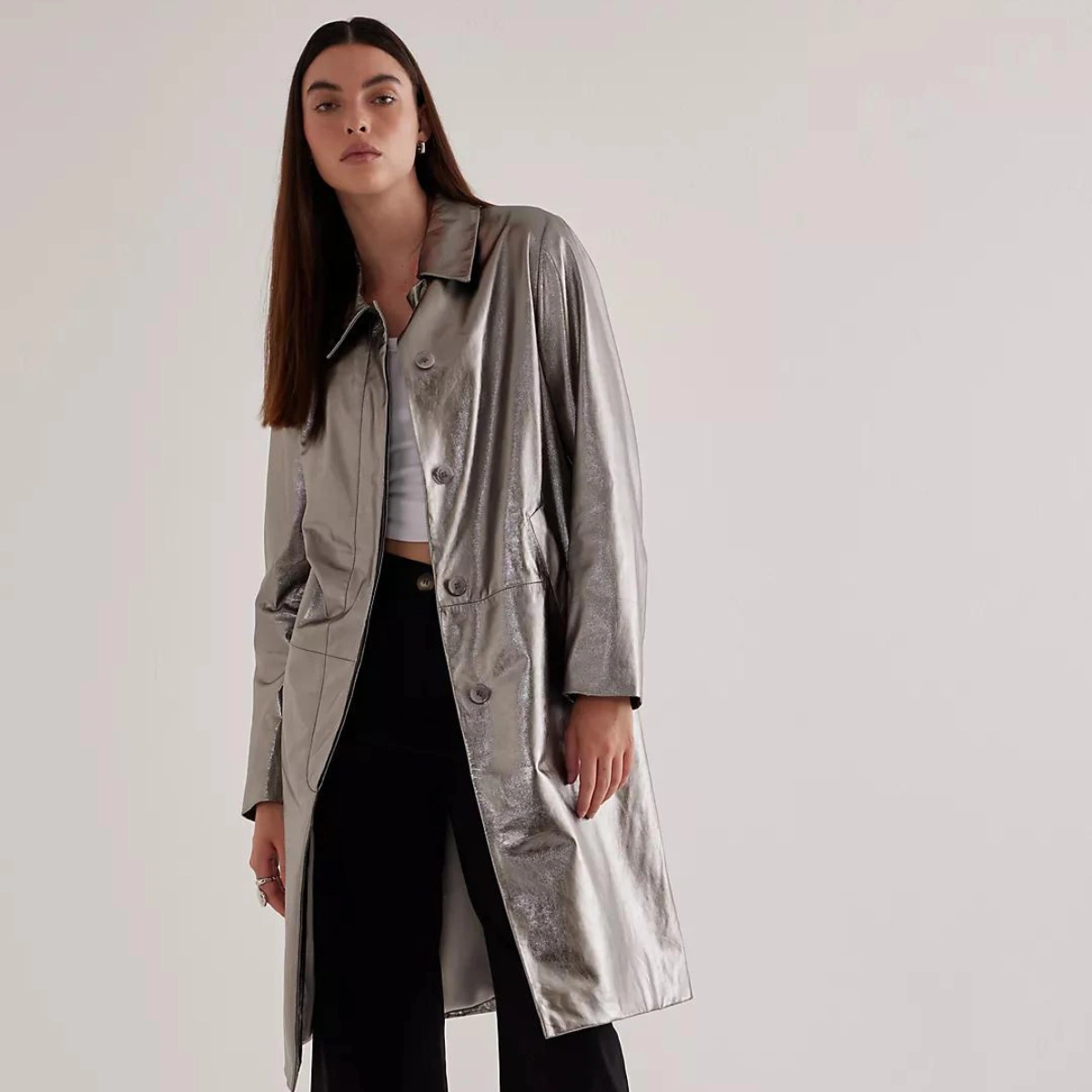 Collared Metallic Leather Car Coat, €350