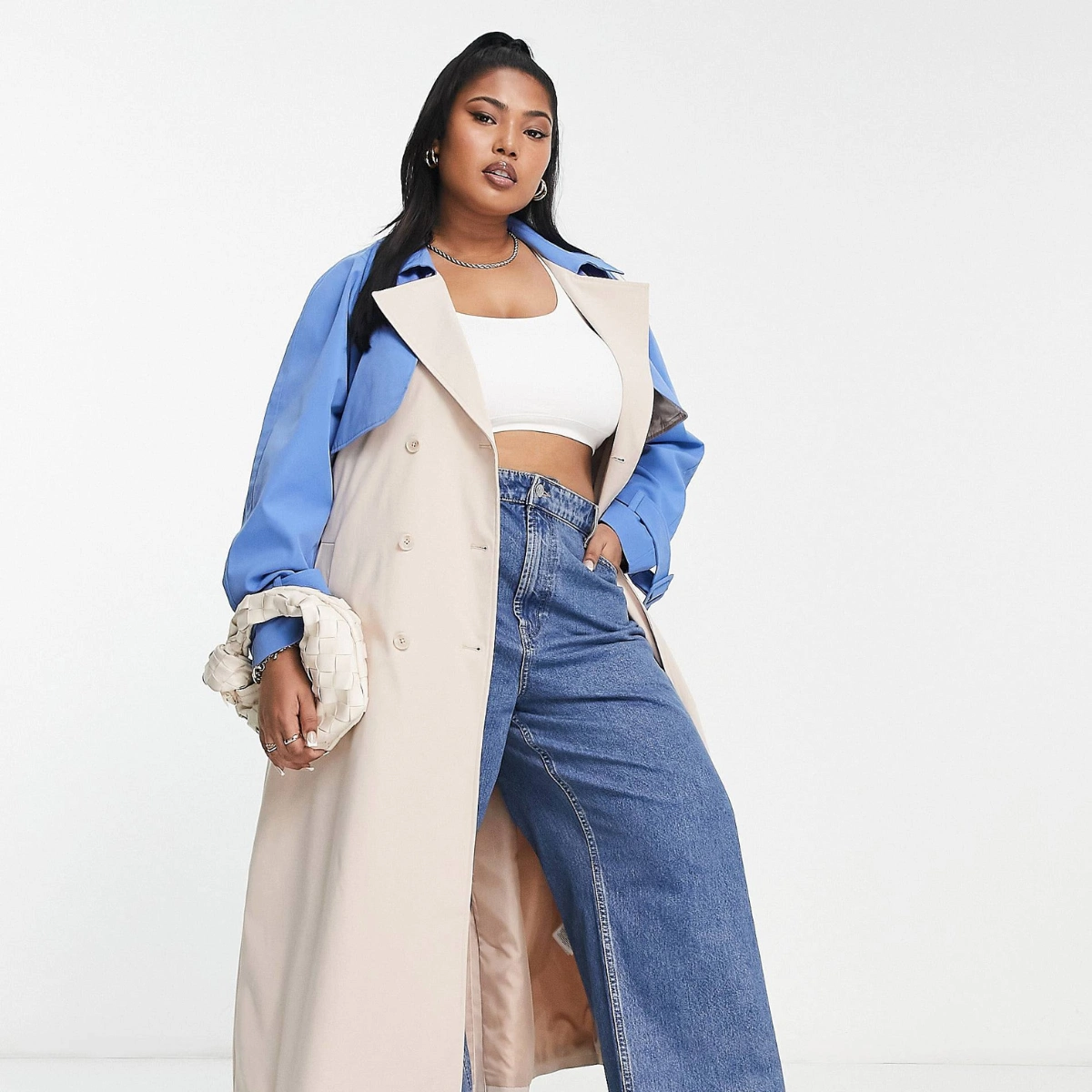 Colour Block Mix Trench Coat in Cream and Blue, €98.50