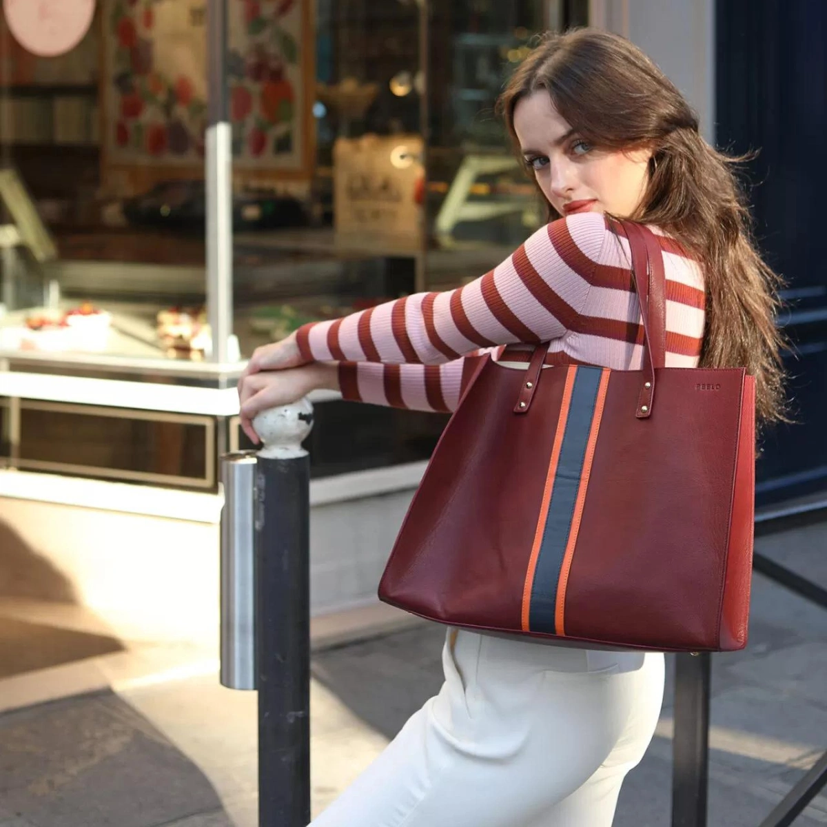 Burgundy With Orange and Black Stripe Tote, €295