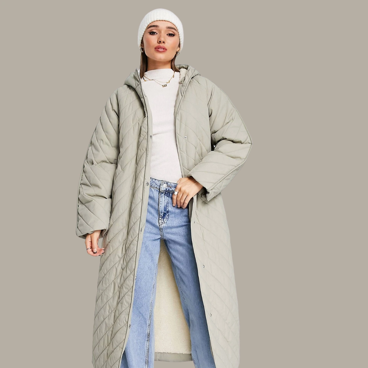 Longline Chevron Quilted Jacket with Borg Lining in Stone, €84.99