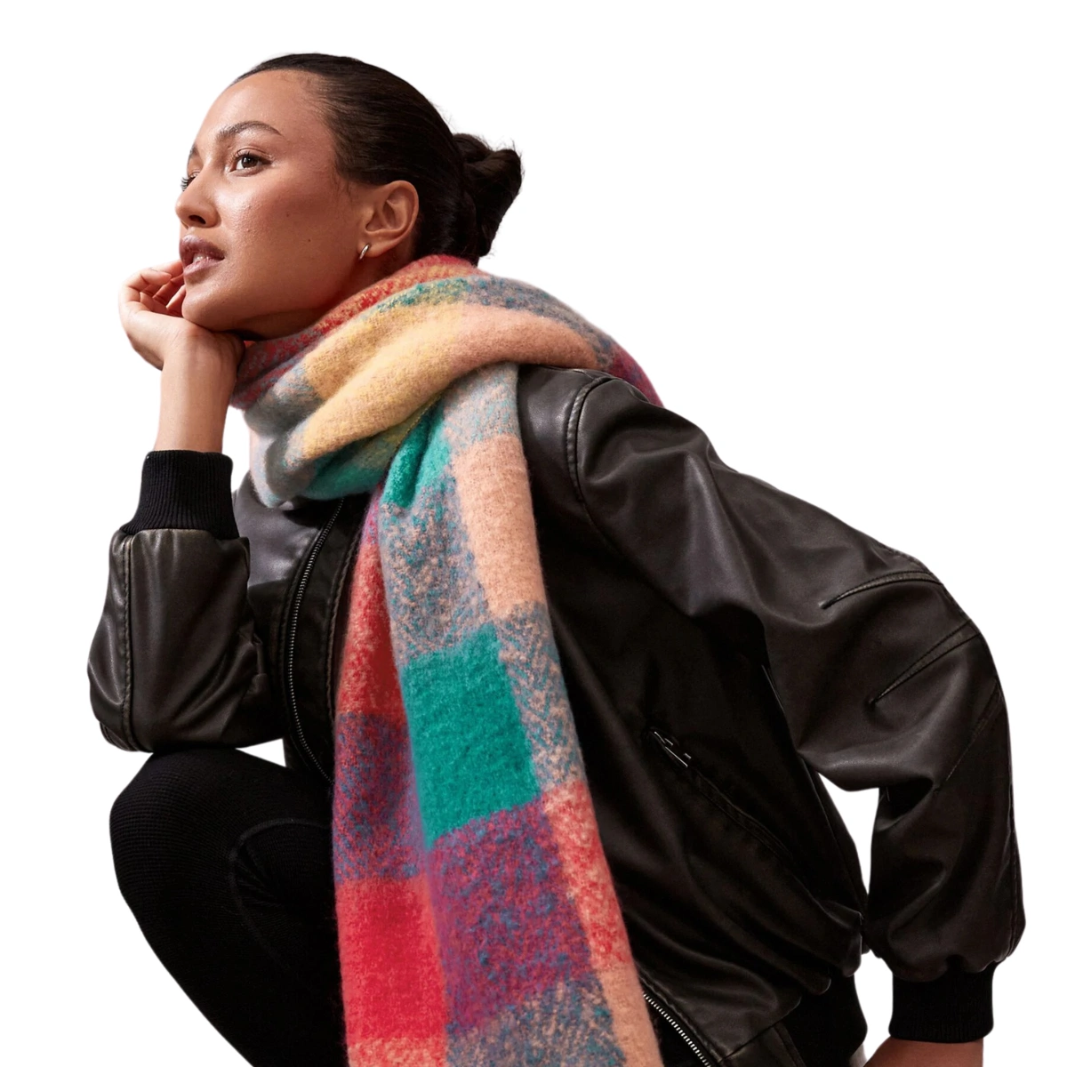 Green/Pink Oversized Check Fringe Blanket Scarf, €29