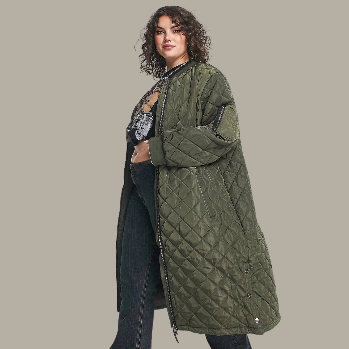 Quilted Longline Coat in Khaki, €40.50