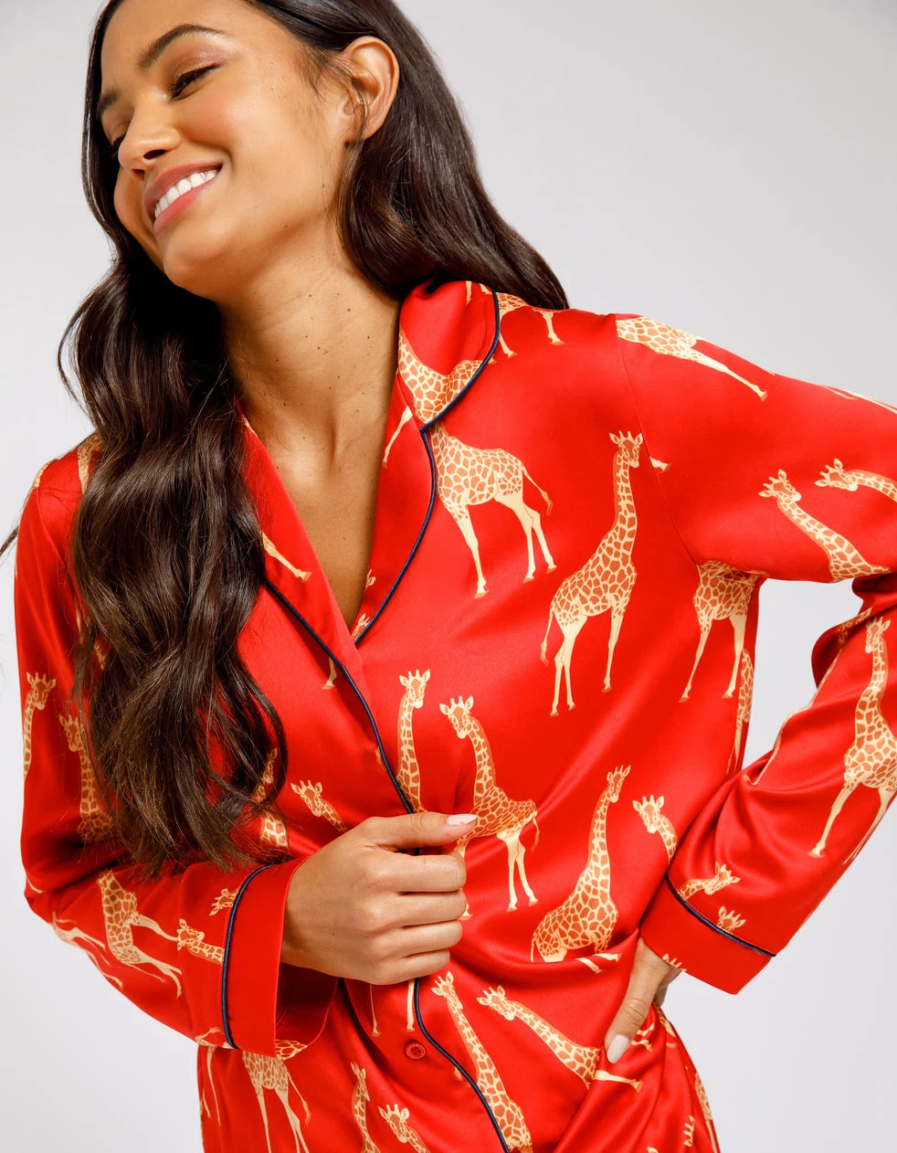 Chelsea Peers Satin Red Giraffe Print Long Pyjama Set, €66