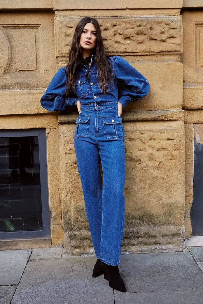 Warehouse Denim Puff Sleeve Pocket Front Jumpsuit, €82