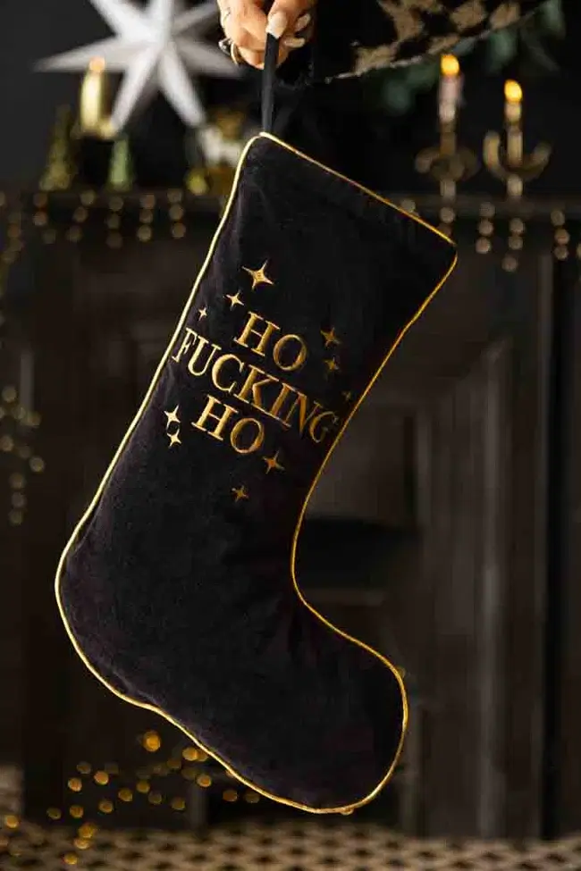 Rockett St George Ho Fucking Ho Black Velvet Embroidered Christmas Stocking, €32