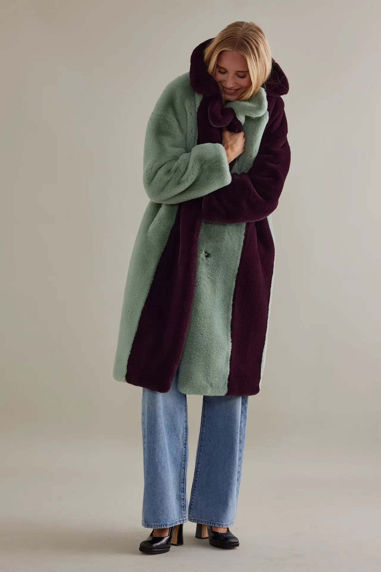 Anthropologie Faux-Fur Colourblock Midi Coat, €135
