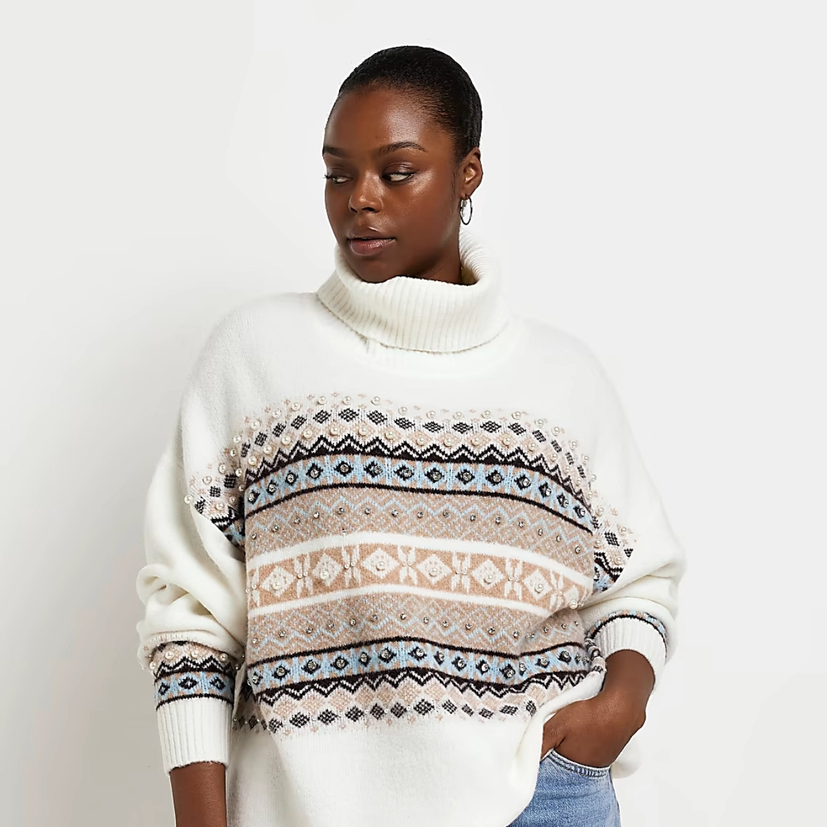 Plus Cream Print Knit Embellished Jumper, €35