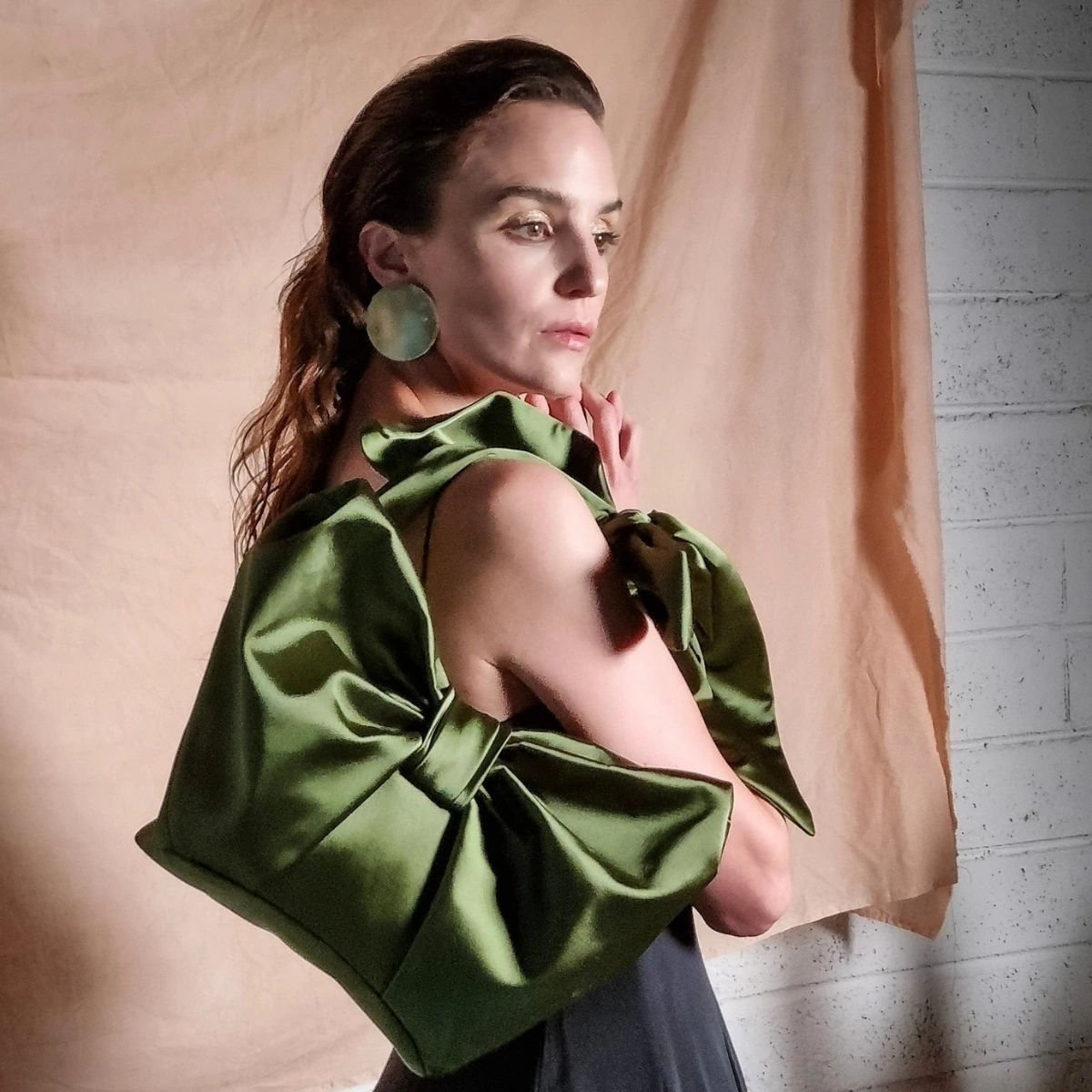 Mini Bow Crossbody In Khaki Satin, €255, August Night