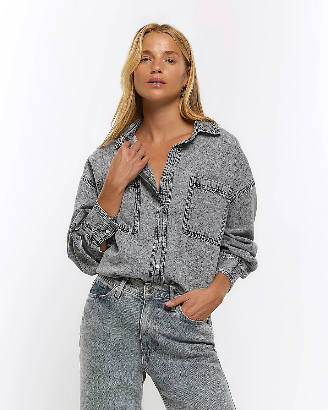 River Island Grey Denim Long Sleeve Shirt, €53