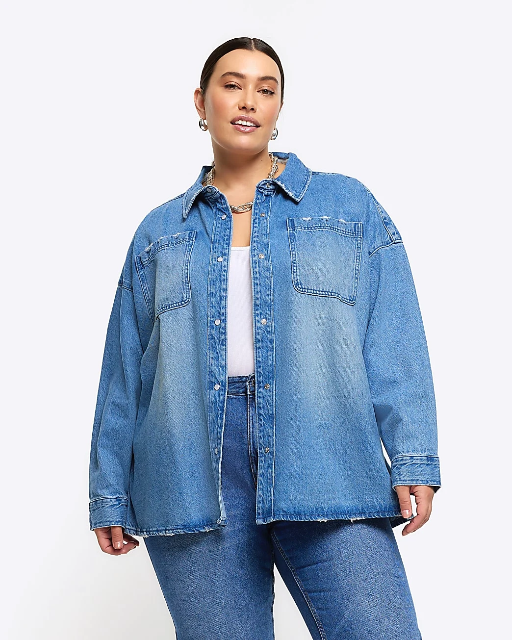 River Island Plus Blue Long Sleeve Denim Shirt, €55