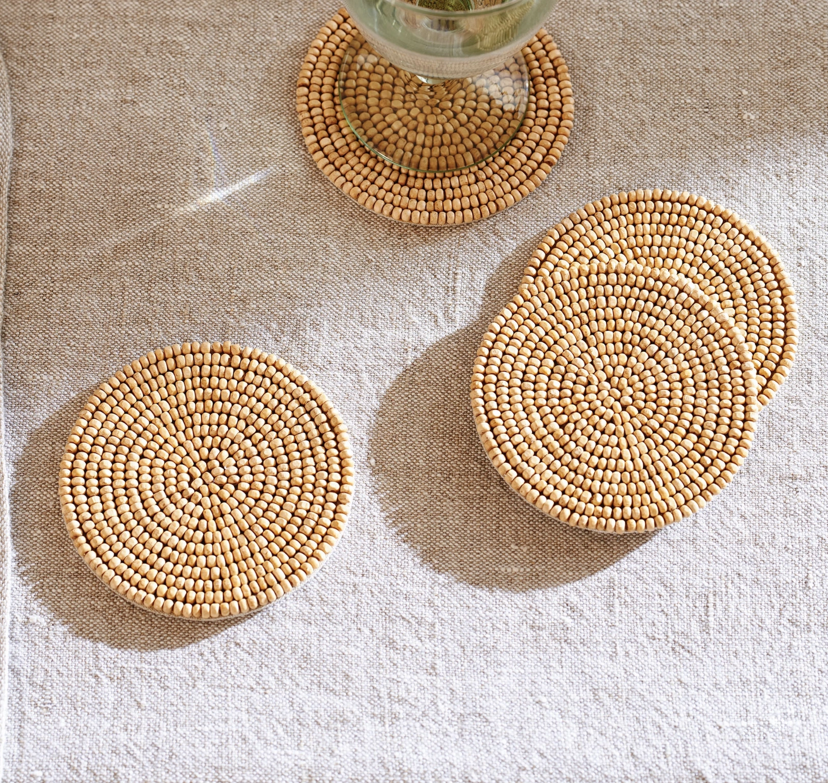 Austell Wooden Beaded Coasters Set of 4, €37, The White Company