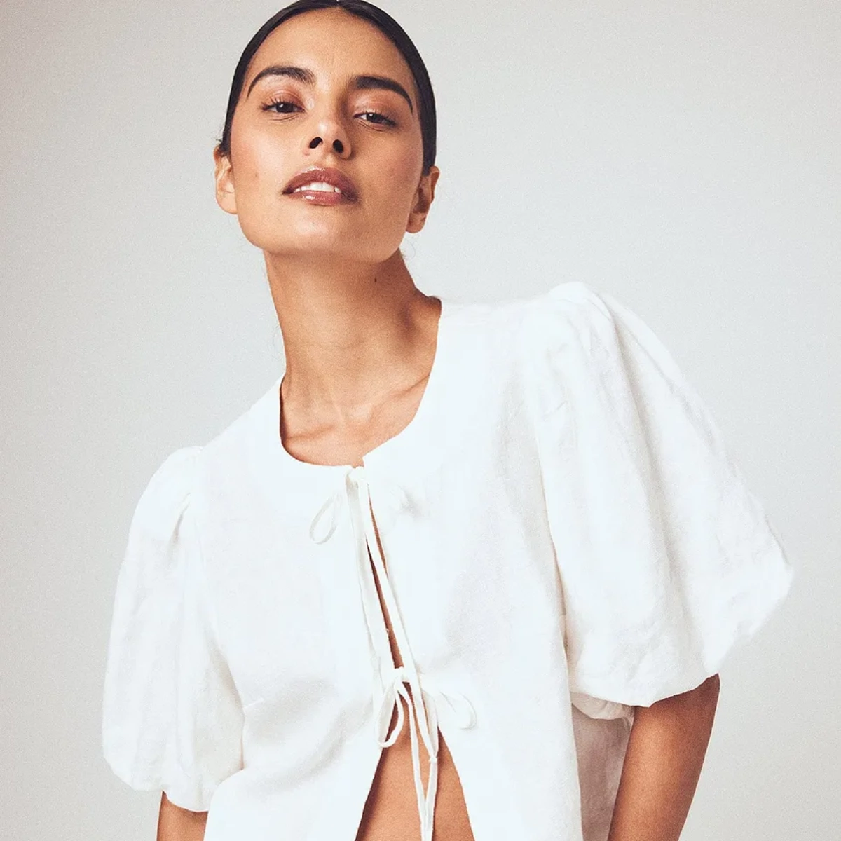 Linen Balloon Sleeve Tie Detail Blouse, €54, NA-KD