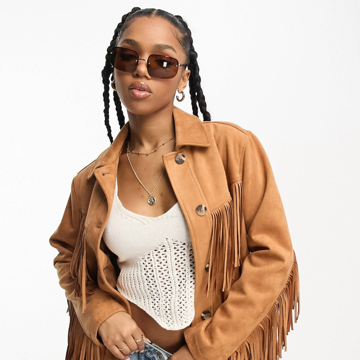 Miss Selfridge Western Suedette Fringe Longline Jacket in Tan, €42, ASOS