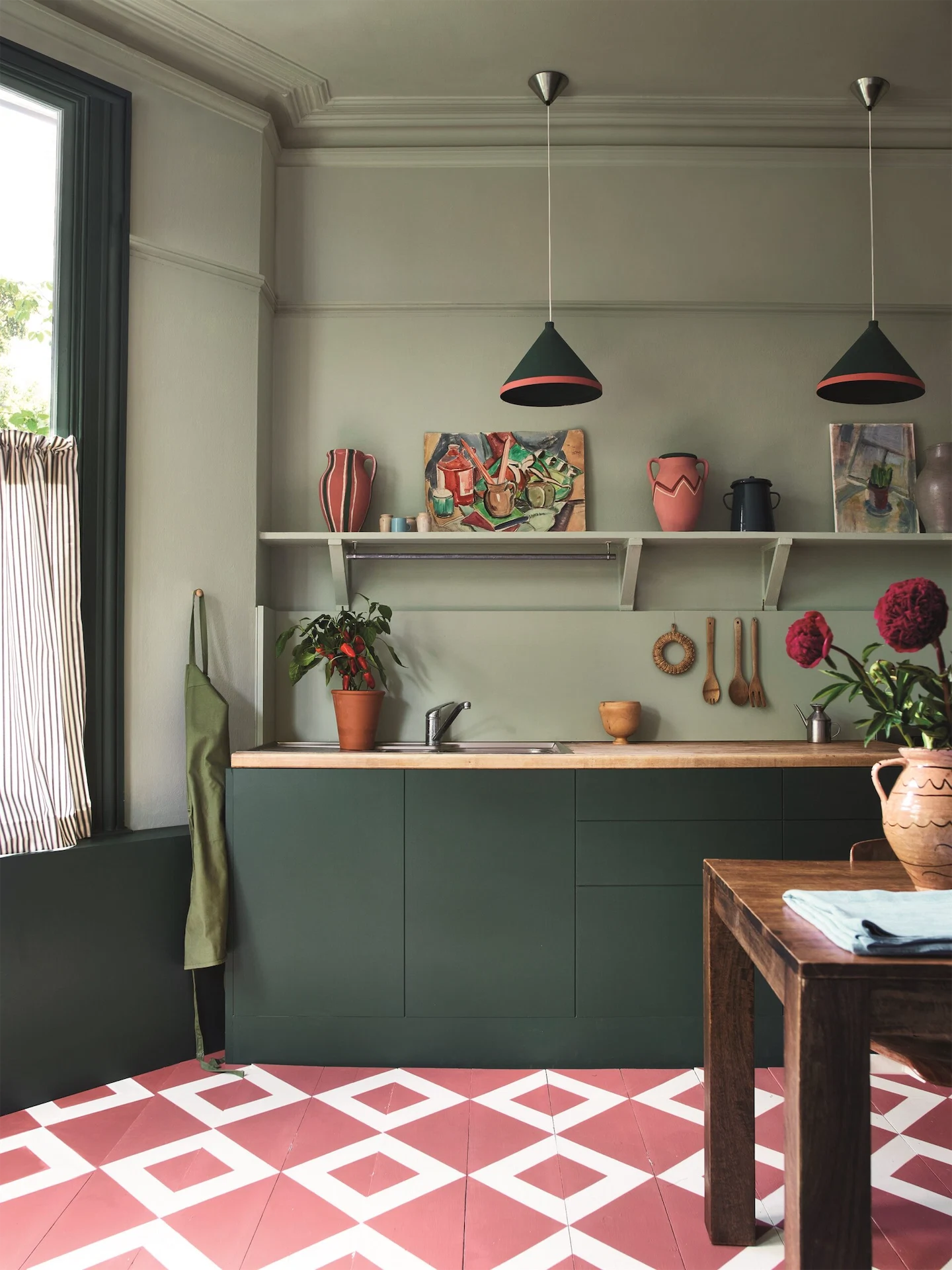 Annie Sloan - Kitchen - Wall Paint in Terre Verte Satin Paint in Knightsbridge Green Chalk Paint in Scandi Pink Original and Amsterdam Green - Lifestyle - Portrait