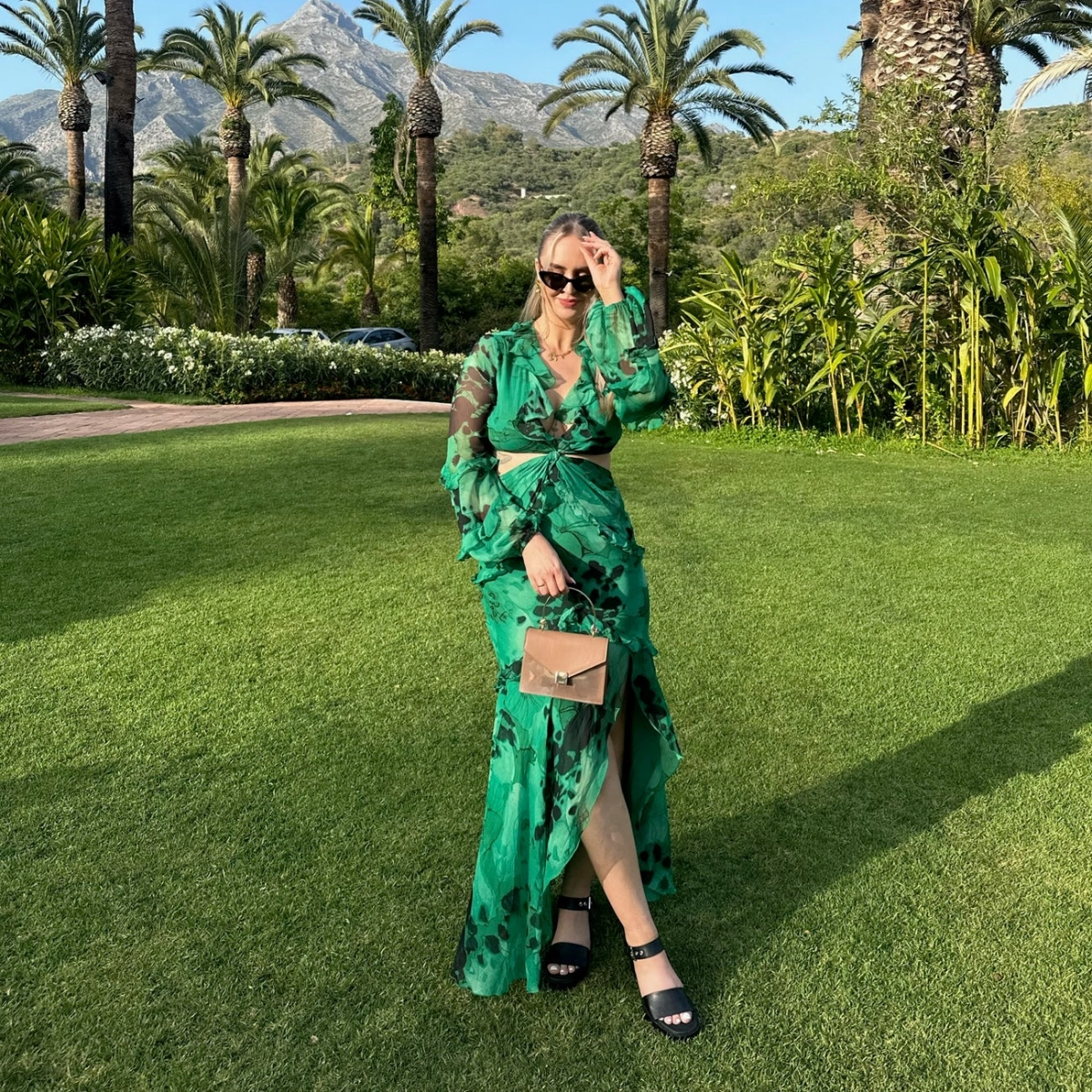 ASOS Design Twist Waist Cut Out Maxi Dress with Ruffle Detail, €75, Happy Days Style