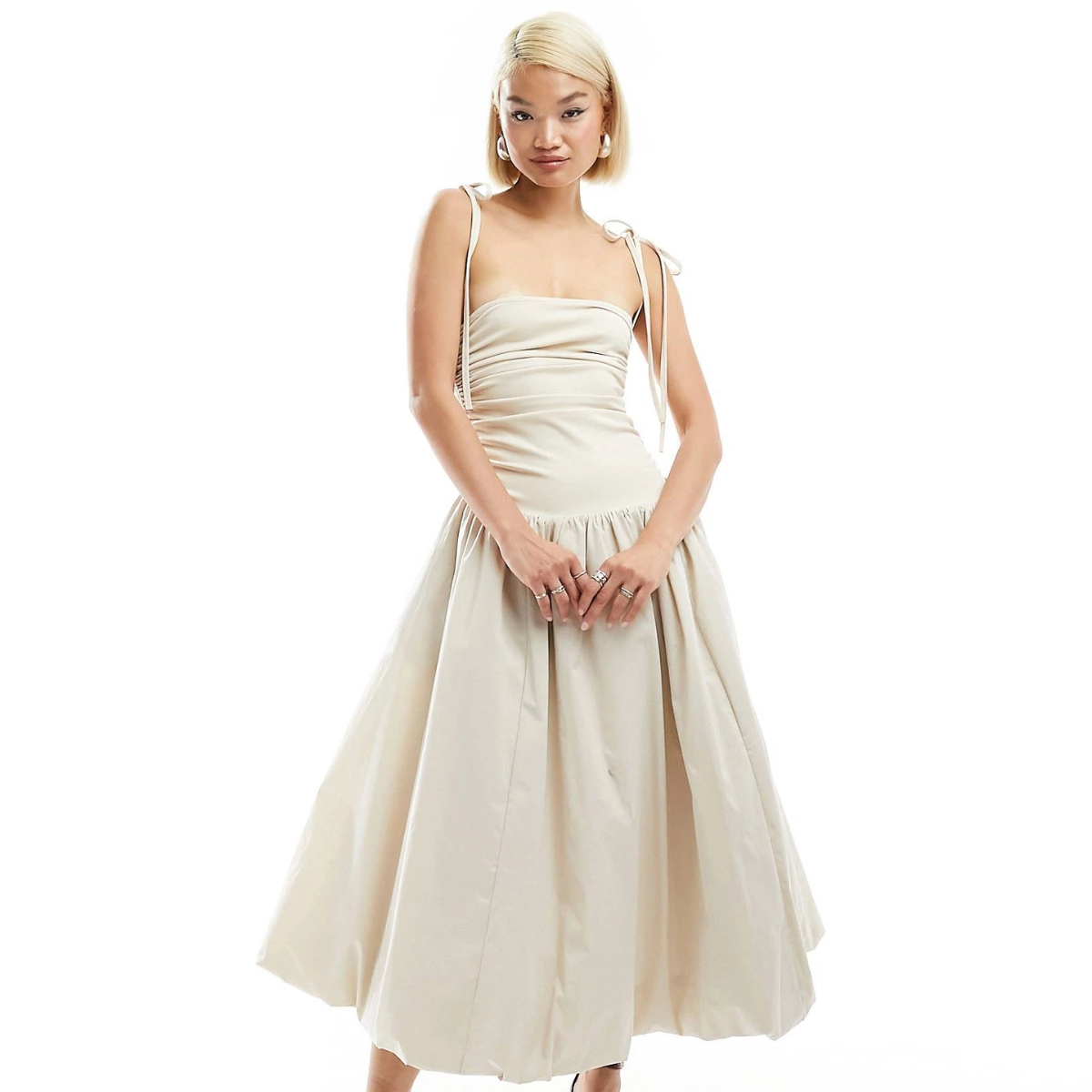 Amy Lynn Alexa Shoulder Tie Puffball Midi Dress in Milk, €143.99, ASOS