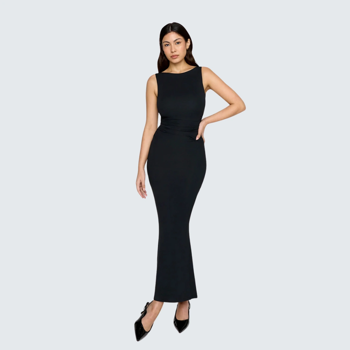 365 Ruched Side Boat Neck Maxi Dress in Shadow Black, €93, Tala