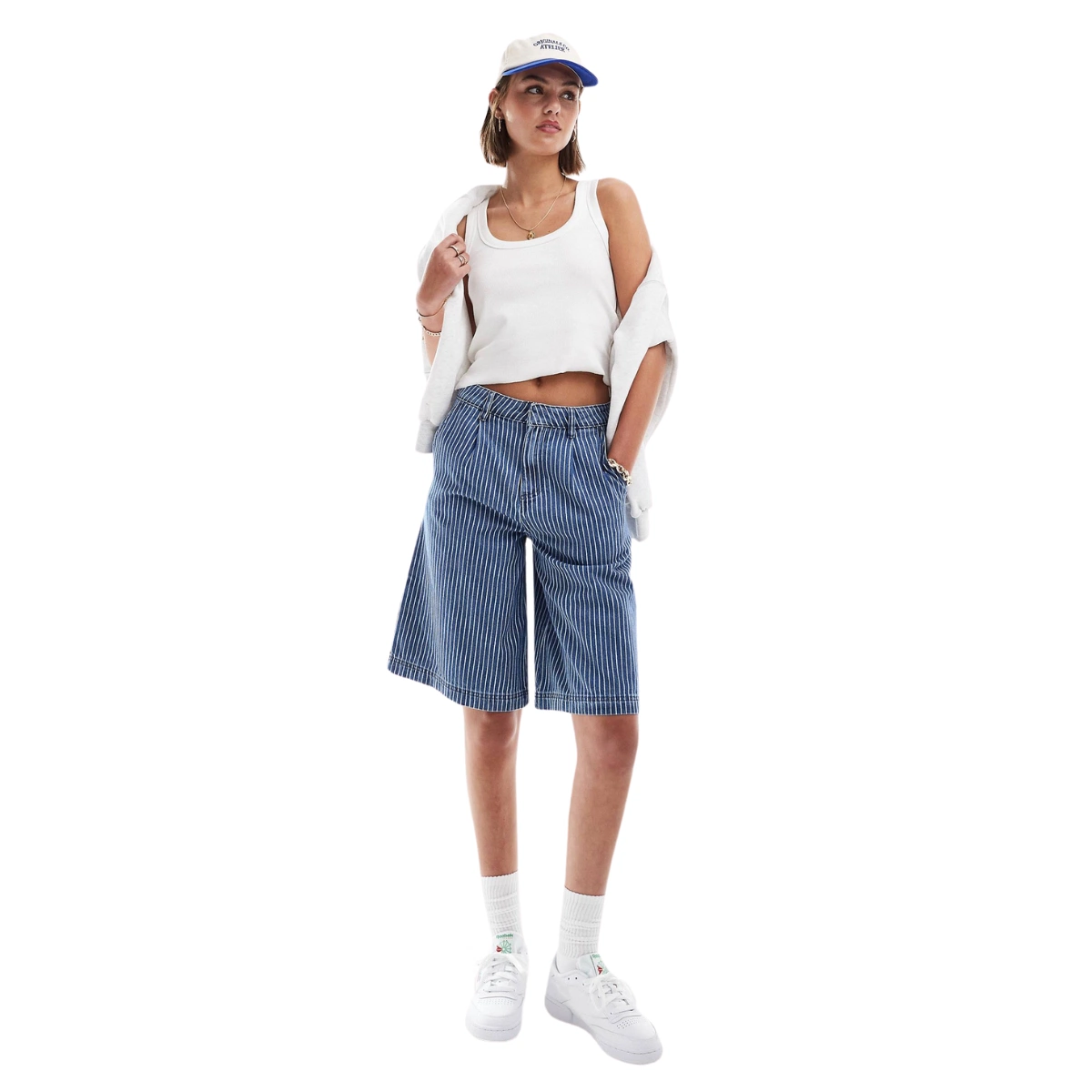 Tailored Longline Denim Jorts in Mid Blue Pinstripe Co-Ord, €42.99, ASOS
