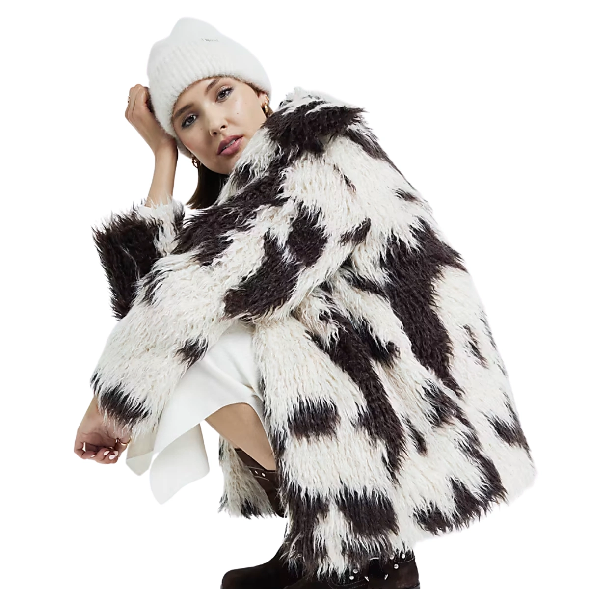Cream Faux Fur Cow Print Coat, €42, River Island