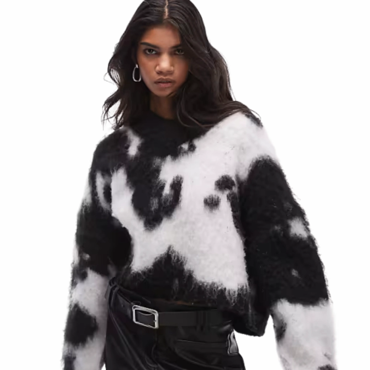 Topshop Knitted Ultra Fluffy High V-Neck Jumper in Cow Print, €59.99, ASOS