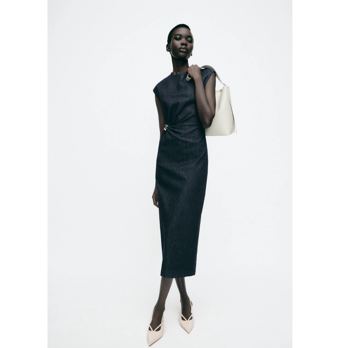 Zara Gold Appliqué Denim Midi Dress, €45.95