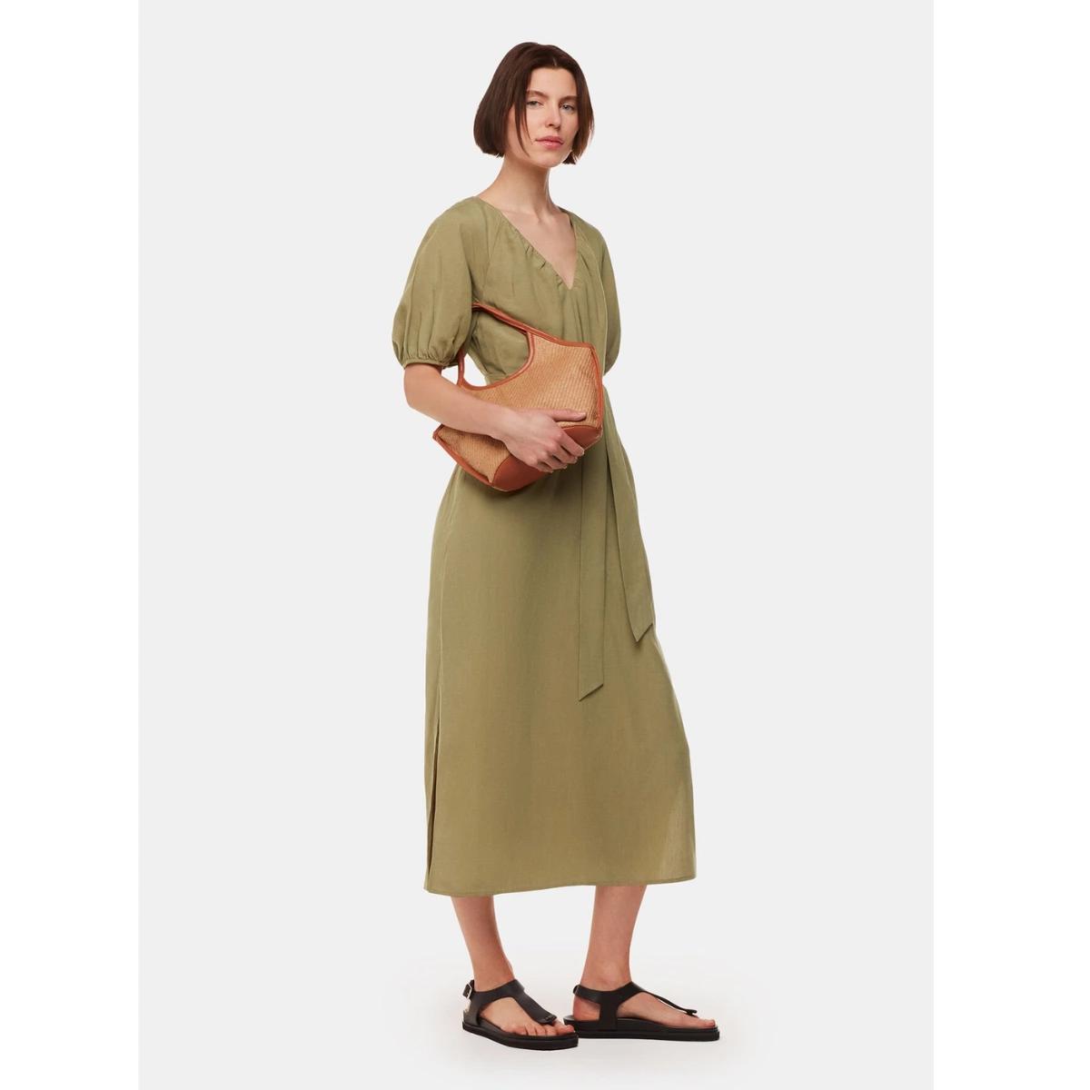 Whistles Khaki Ariella Linen Blend Midi Dress, €195