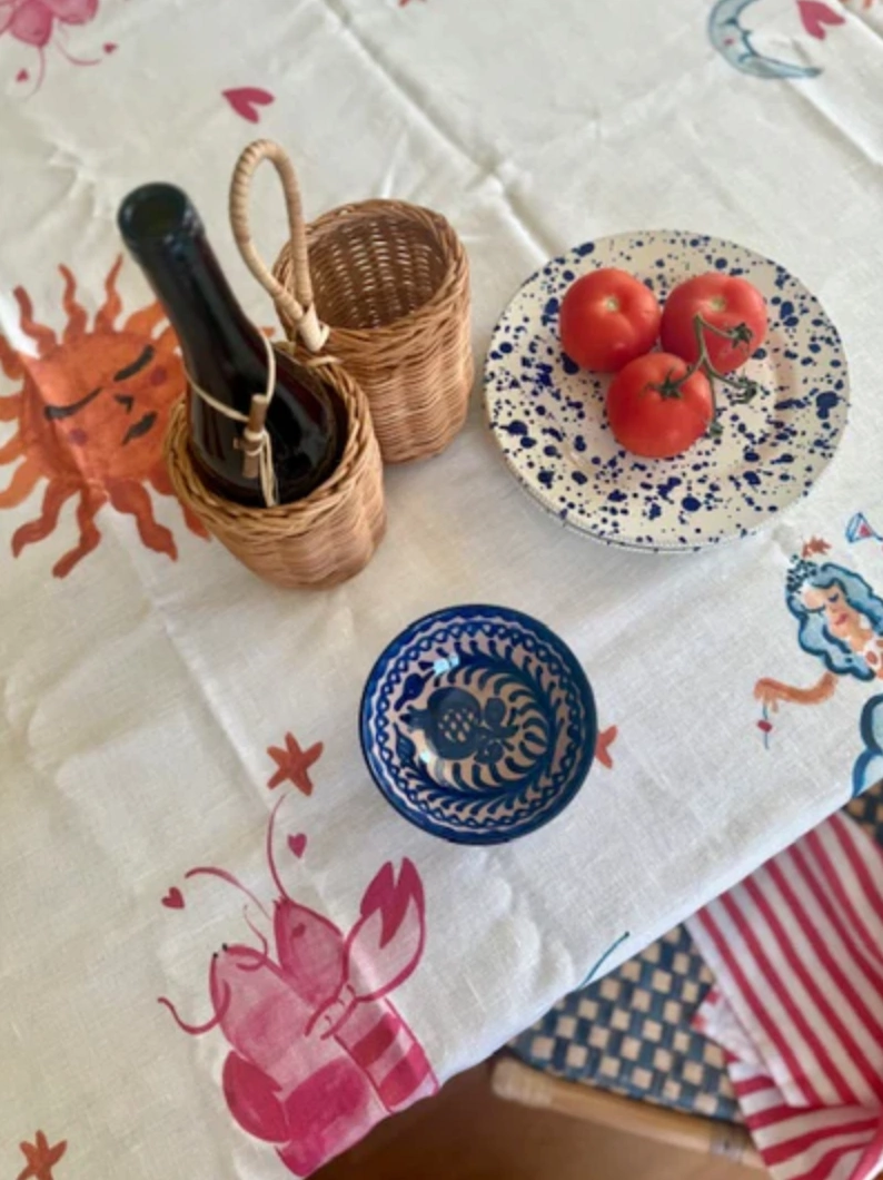 Hand painted tablecloth, €285, Amber + Willow
