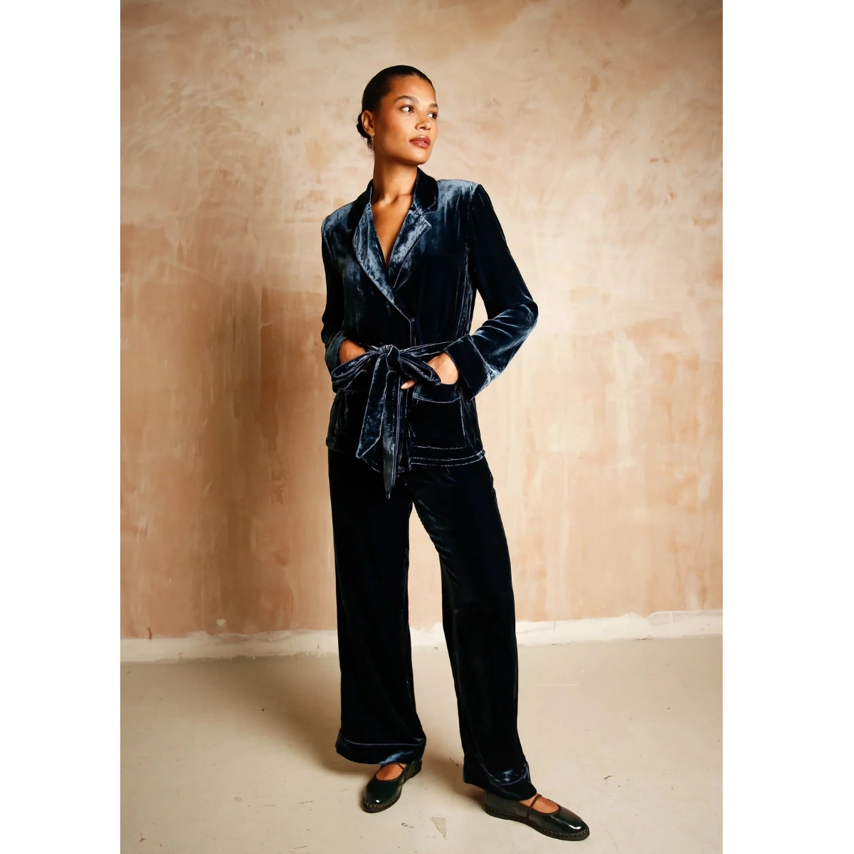 It's 9pm x Corina Gaffey Pamela Petrol Blue Silk Velvet Suit, €486.95