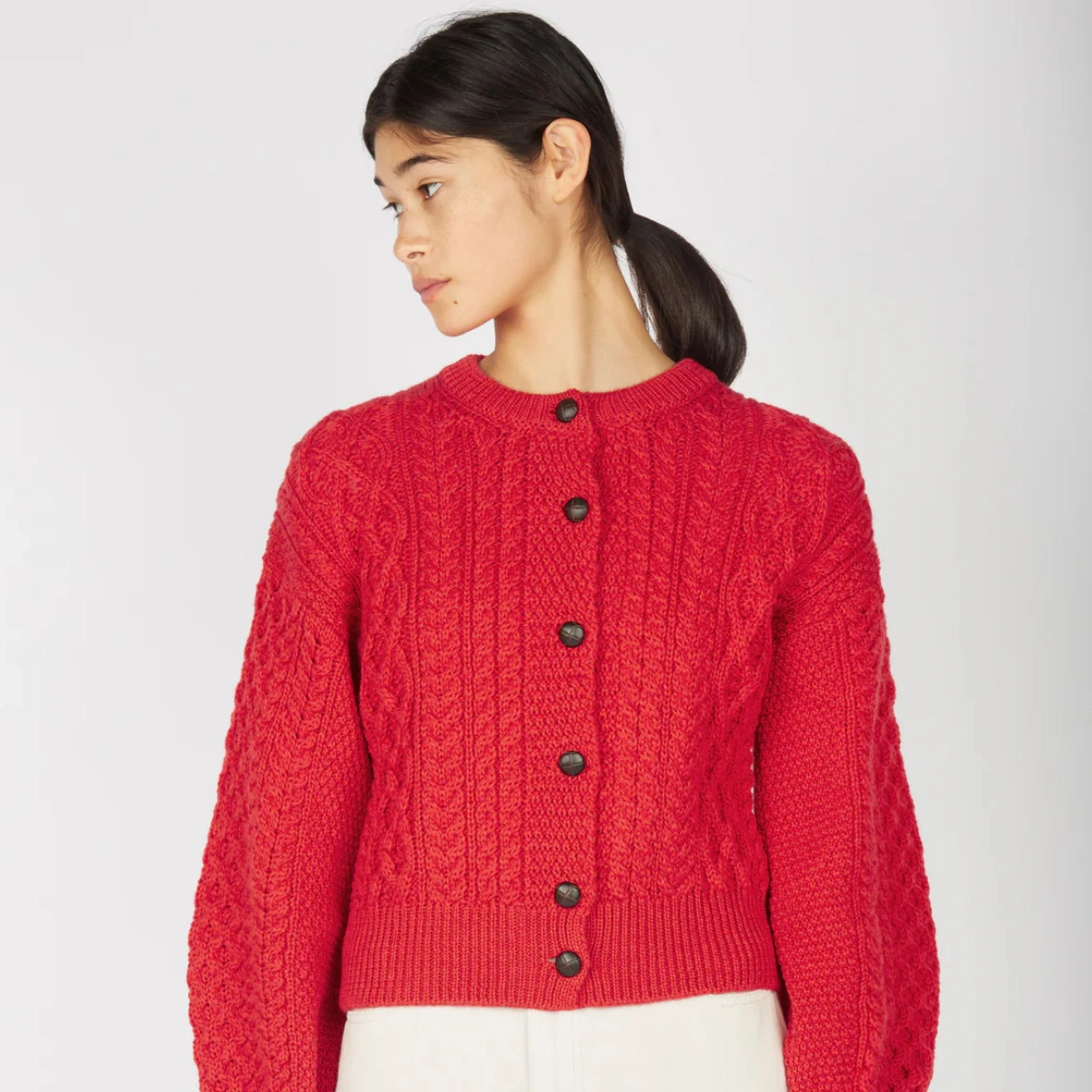 IrelandsEye Clover Cropped Aran Cardigan Scarlet, €129.95