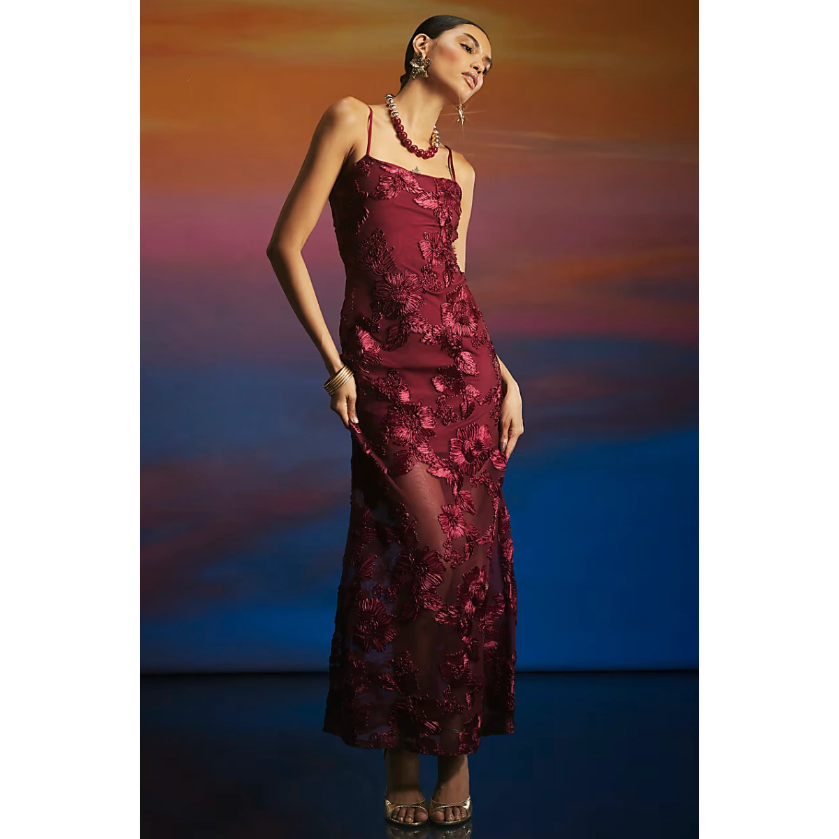 River Island Red 3D Floral Mesh Tube Maxi Dress, €76