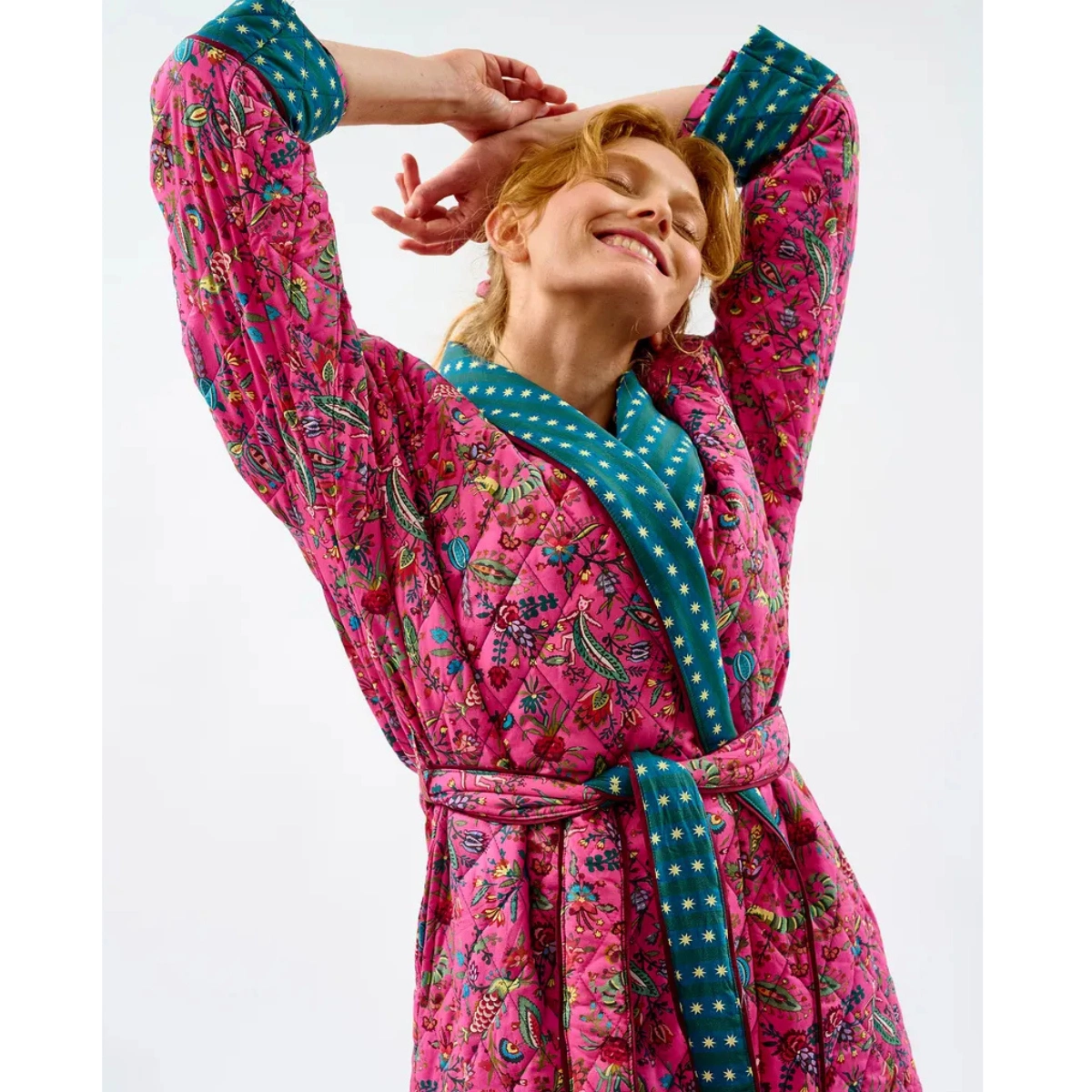 Avoca Collection Fuchsia Forest & Teal Stripes Quilted Cotton Dressing Gown, €125