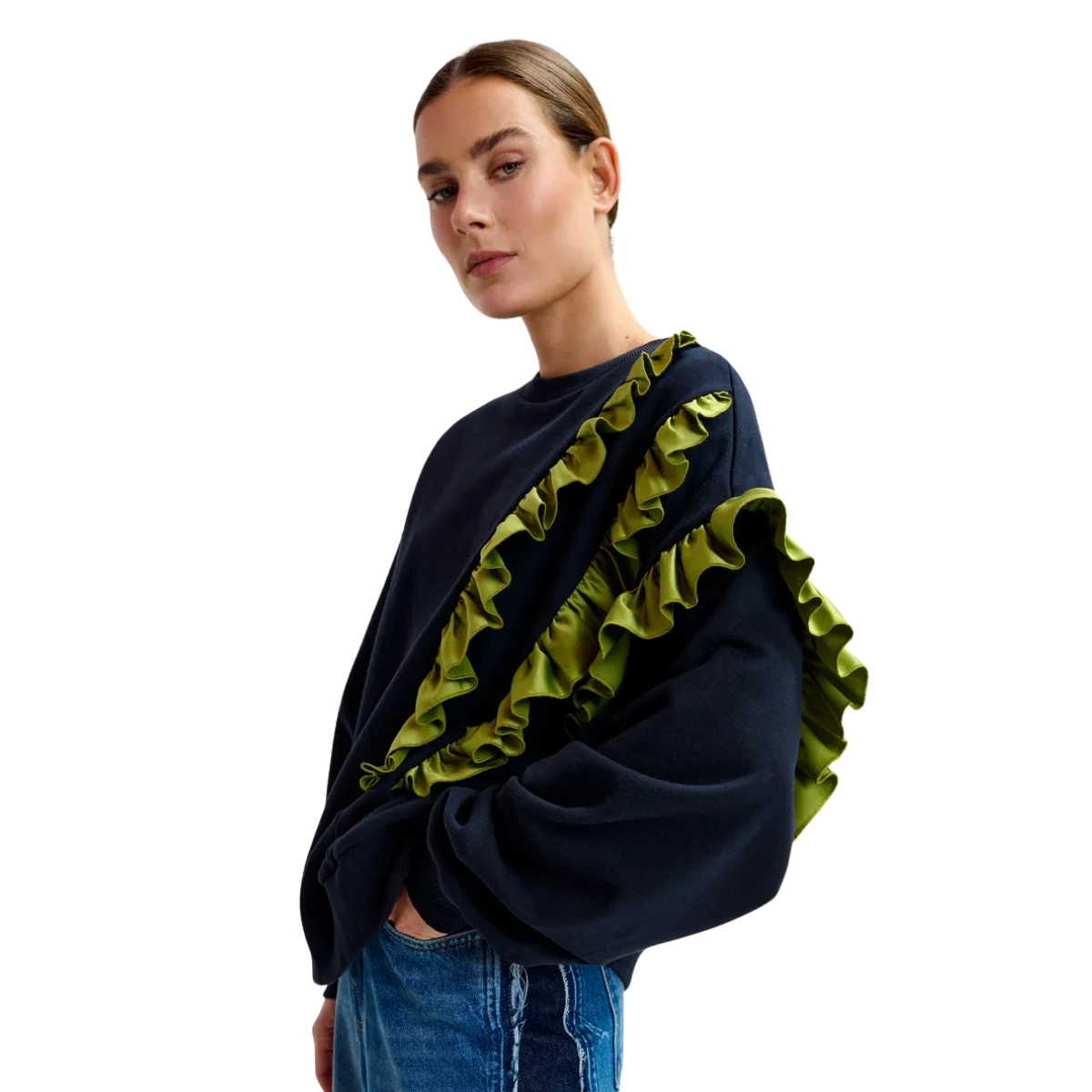 Essentiel Antwerp Navy Cotton Blend Sweatshirt with Ruffle Details, €185