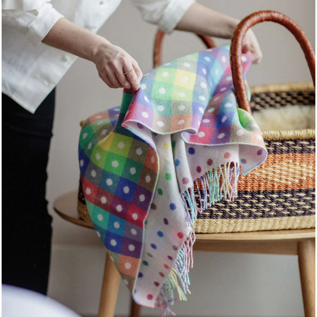 Foxford Rainbow Spotted Baby Blanket, €62