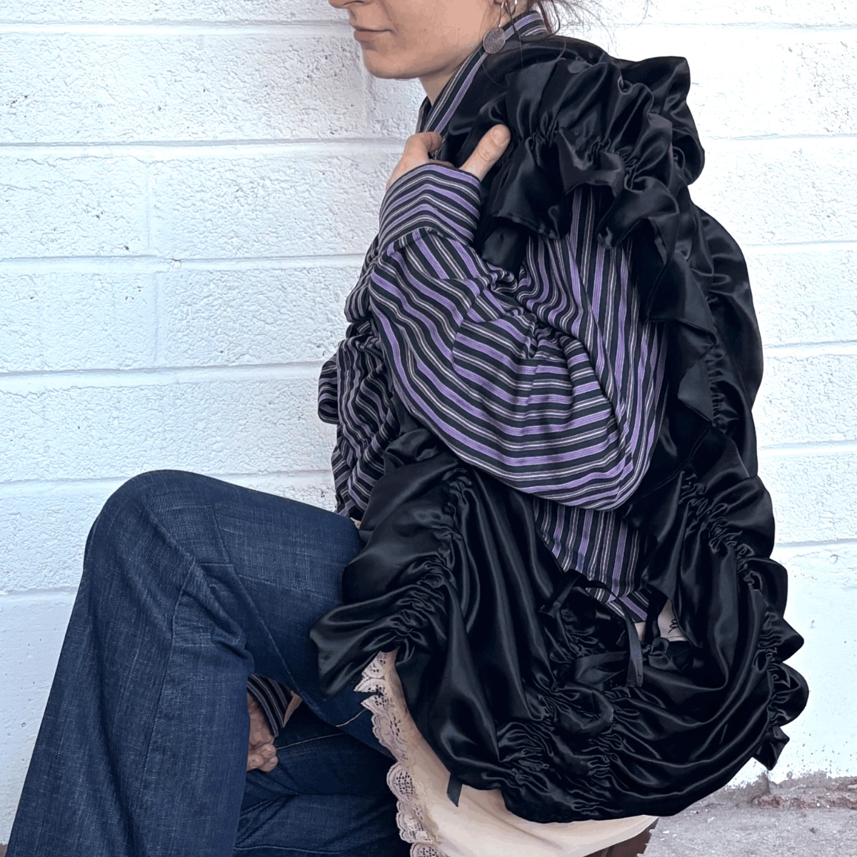 Marmala Oversized Satin Ruffle Tote in Black, €110