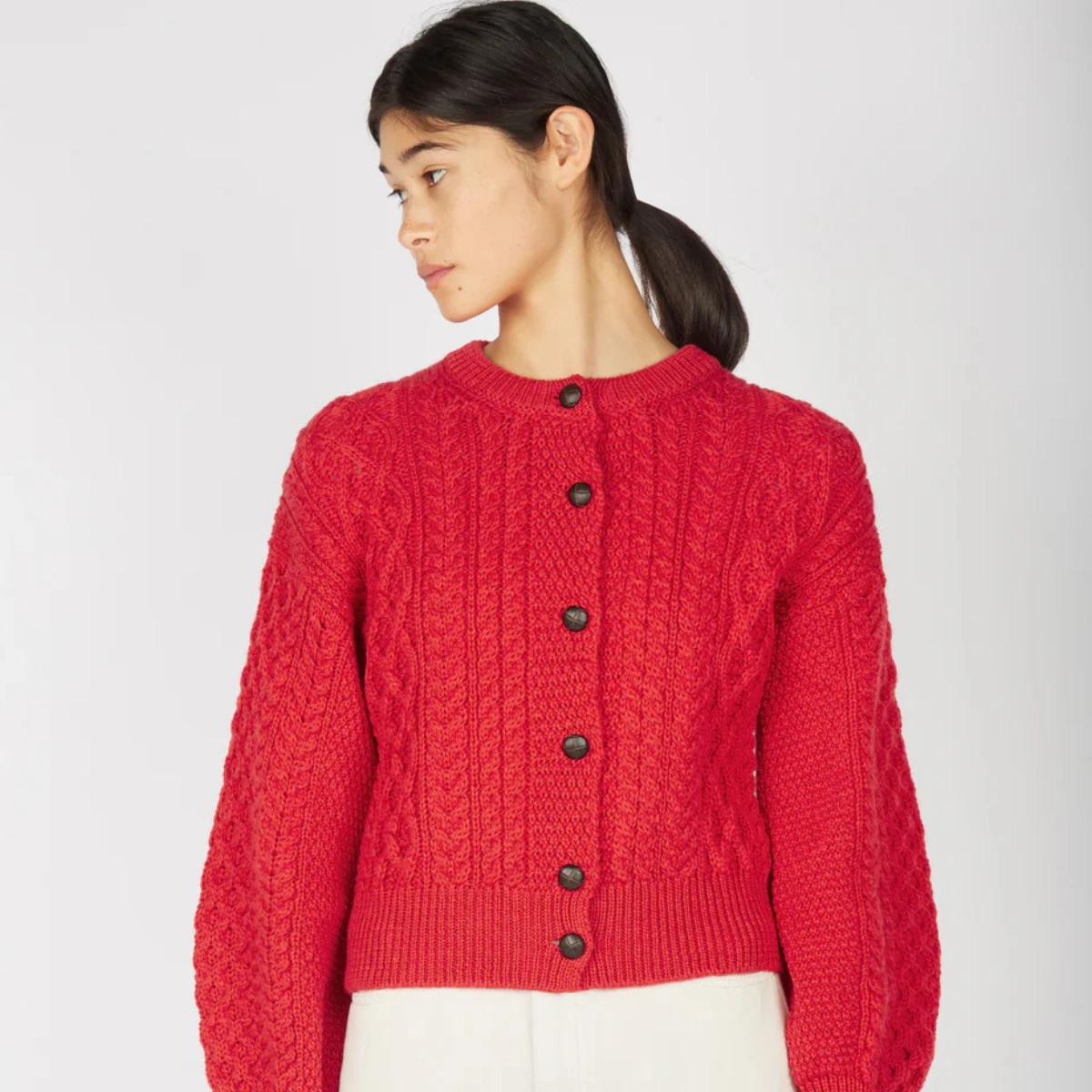 IrelandsEye Clover Cropped Aran Cardigan Scarlet, €129.95