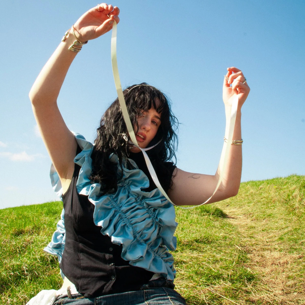 Marmala Oversized Satin Ruffle Tote in Blue, €110