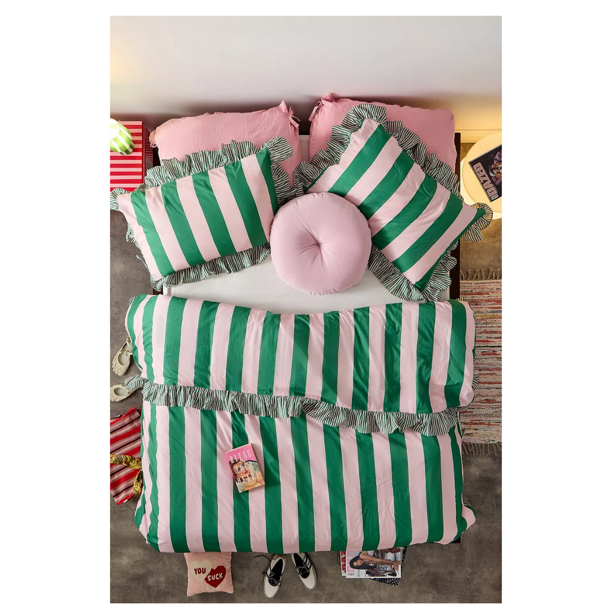Urban Outfitters  Pink & Green Stripe Ruffle Duvet Set, €79