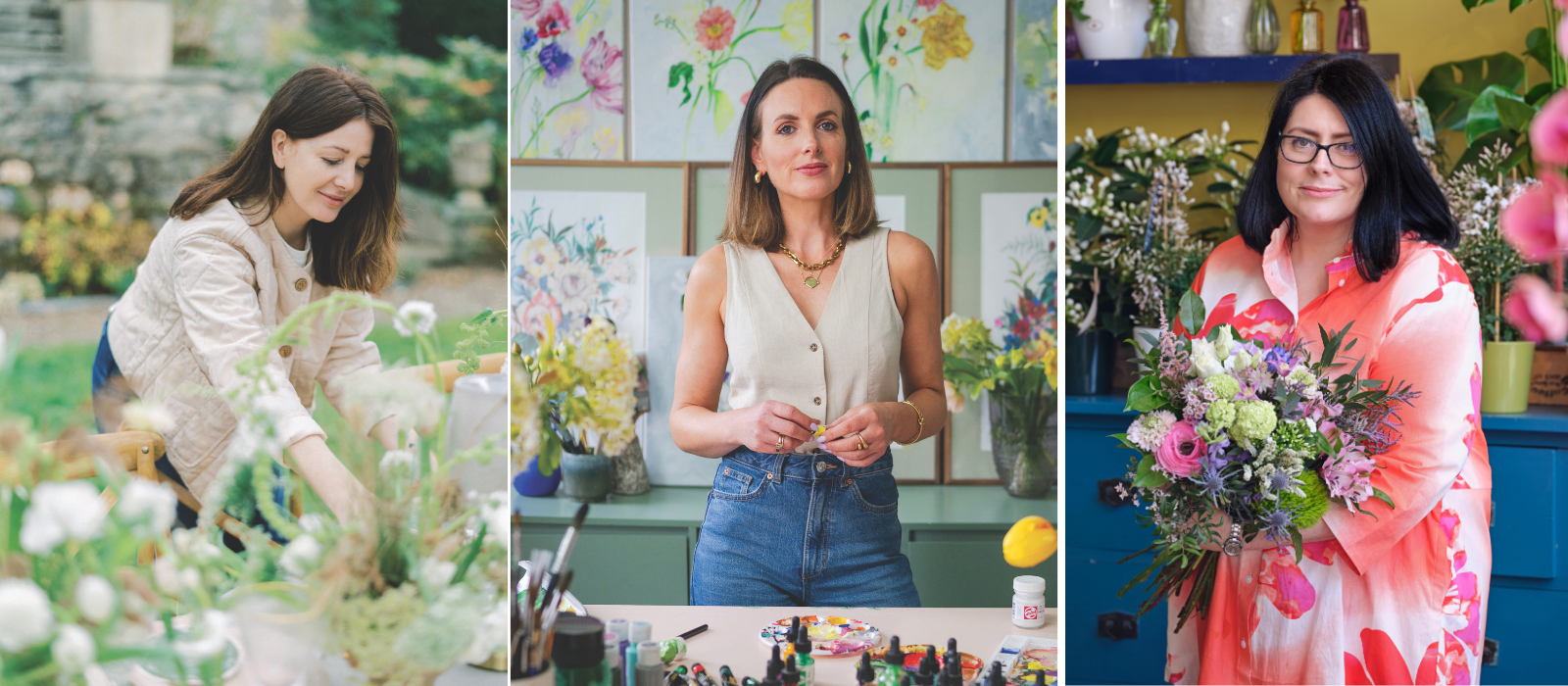 Three businesswomen working with flowers in unique ways