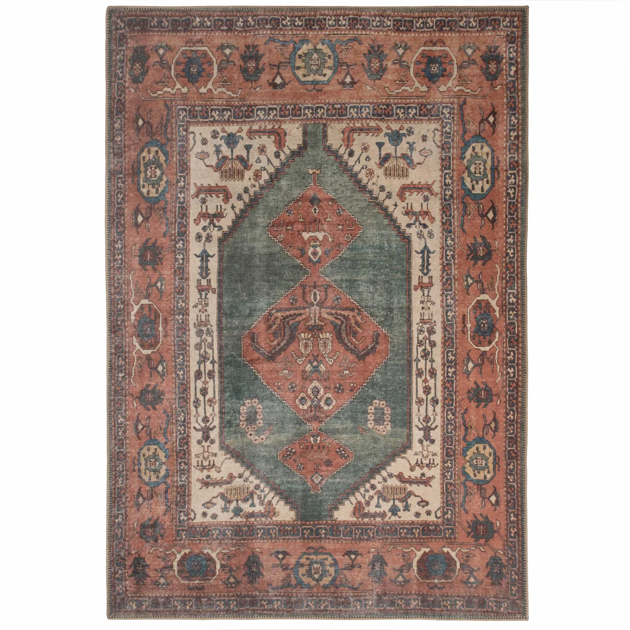 Flatwoven Washable Distressed Terracotta Green Boho Rug - Faro, from €35