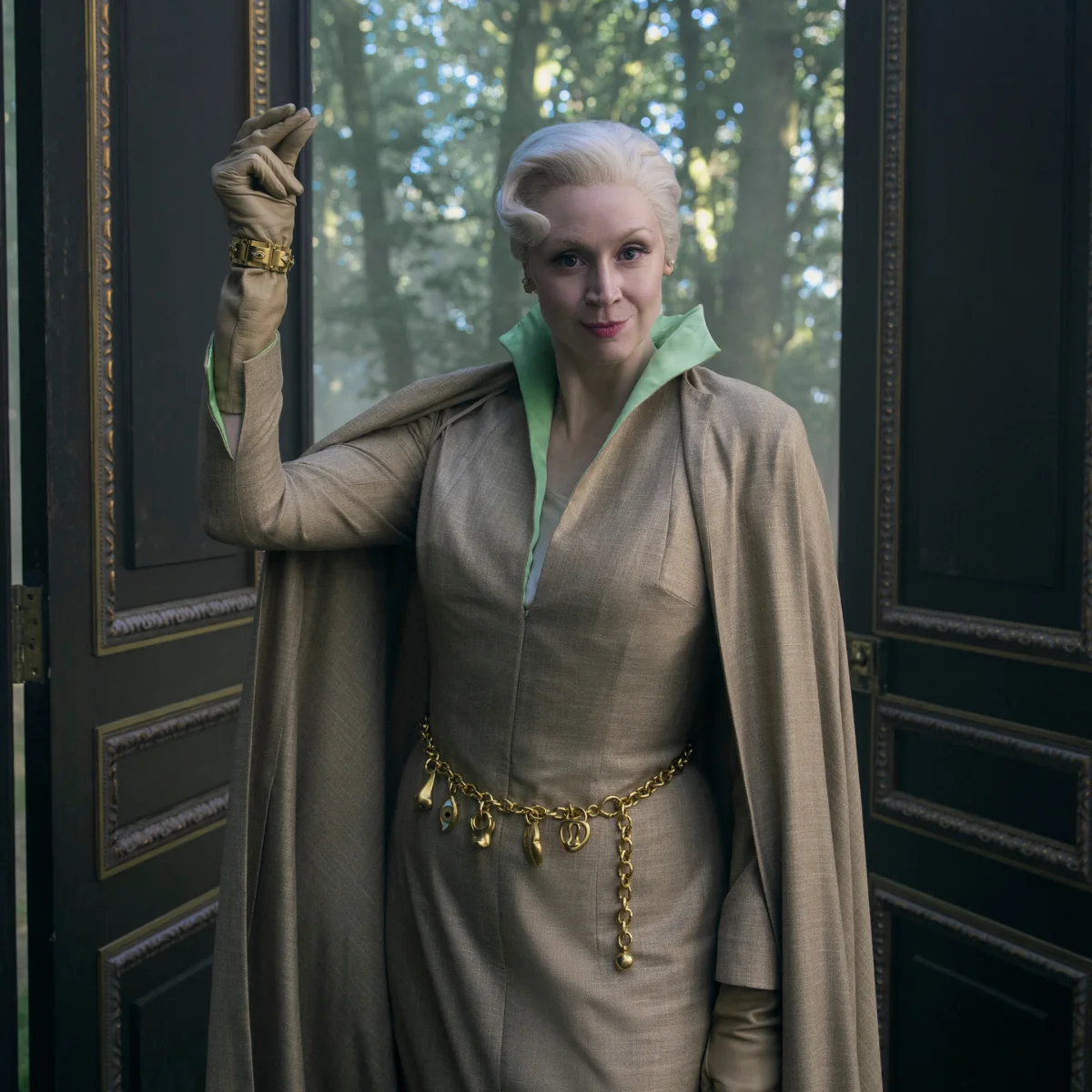 Gwendoline Christie wears Paula Rowan in Wednesday, Season 2 