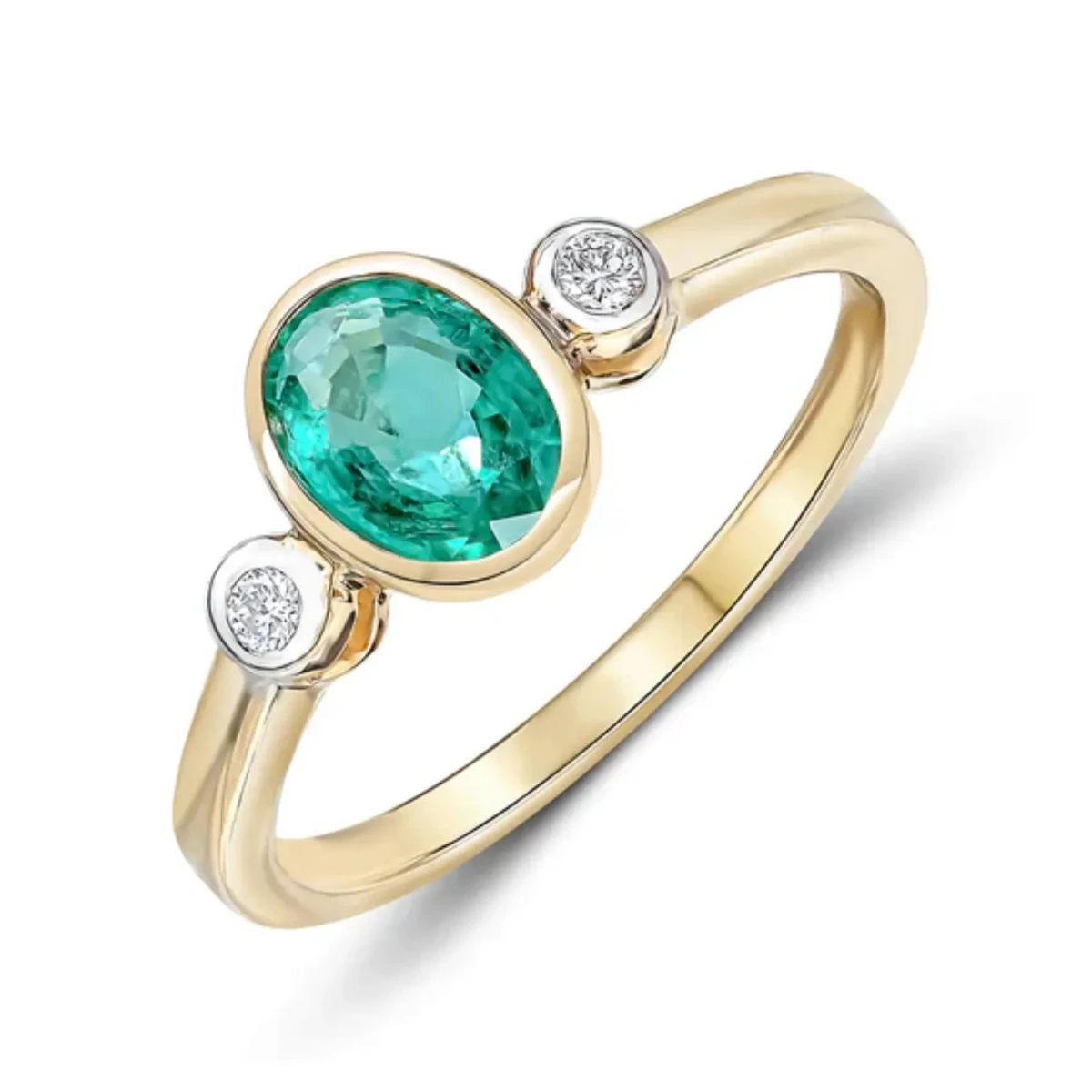 9k Yellow Gold Oval Emerald and Diamond Three Stone Rubover Ring
