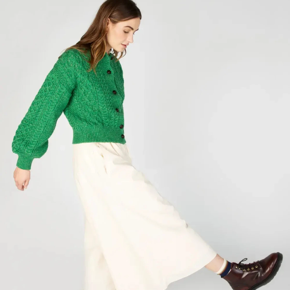 Clover Cropped Aran Cardigan in Green Marl, €129.95