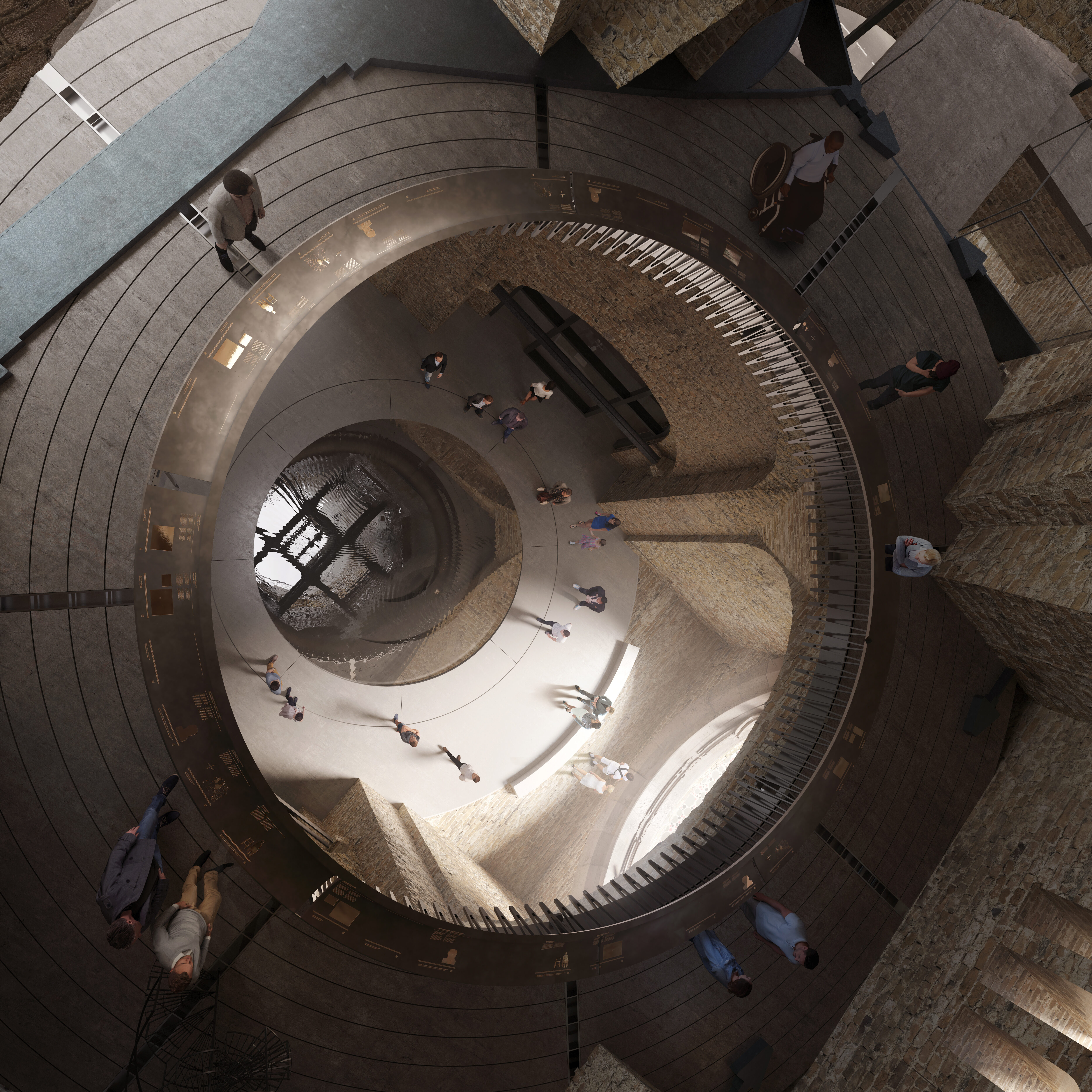 A visualisation of the view down to the pool that reflects the damaged window in the Kaiser Wilhelm Memorial Church, by Laurent Menabe